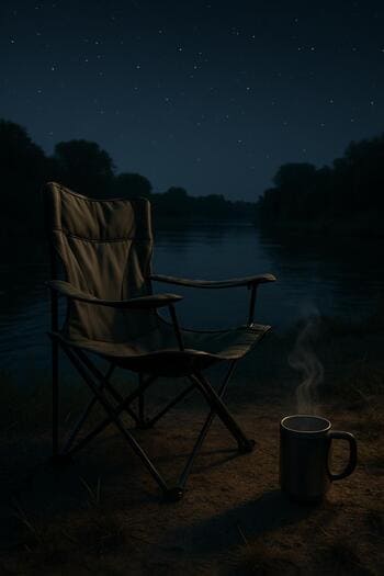 Складное кресло рыболова и термос у ночной воды