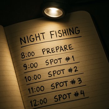 Блокнот с расписанием ночной рыбалки по часам