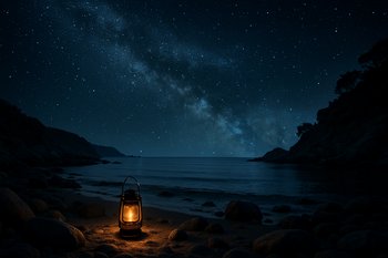 Дикий берег залива ночью с одиноким фонарём у воды