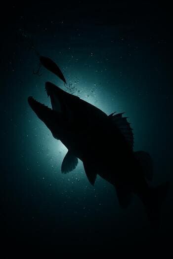 Силуэт хищной рыбы в момент атаки в свете фонаря