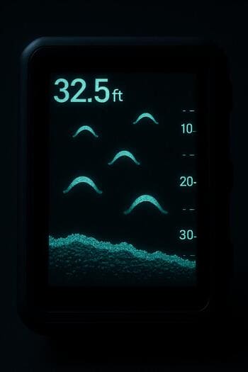 Экран эхолота с подсветкой и дугами рыбы в ночном режиме